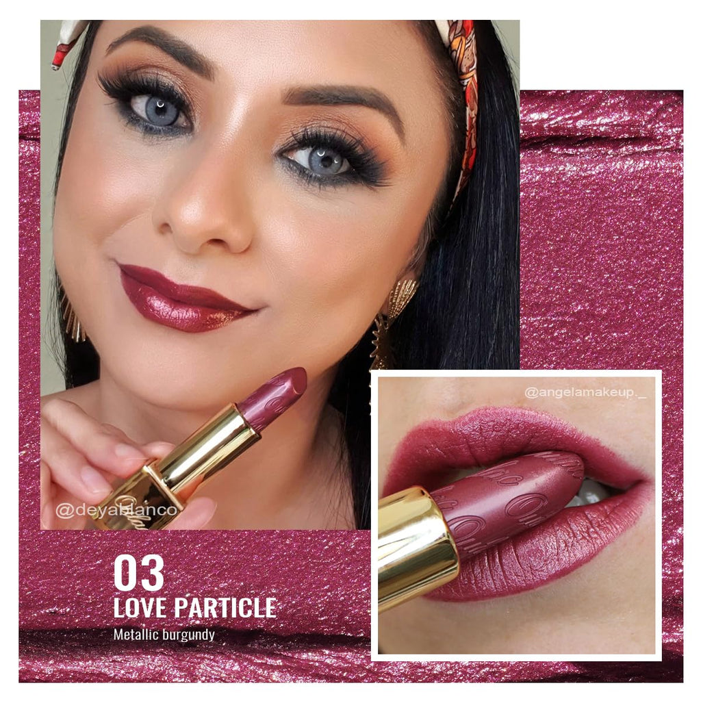 Oulac Burgundy Lipstick for Women with Metallic 3D Shine Lightweight Hydrating Formula, High Impact Lip Color, Full Coverage Lip Makeup, Vegan & Gluten Free, Love Particle(03)