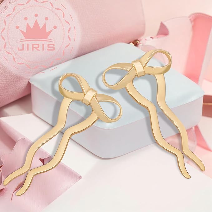 JIRIS 2PCS 5.5Inch Bow French Hair Pins Large U-Shaped Pins for Women and Girls Fashion Metal Hair Pin French Twist Hair Pins for Buns, Updos,Stylish and Functional(set5-gold)