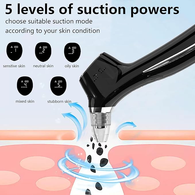 SJIE Blackhead Remover Vacuum Face Suction Pore Cleaner with Hot&Cold Compress Positive&Negative Ion Massage Nose Whitehead Remover Pimple Sucker with 5 Probes Pore Extractor Tool… (Black)