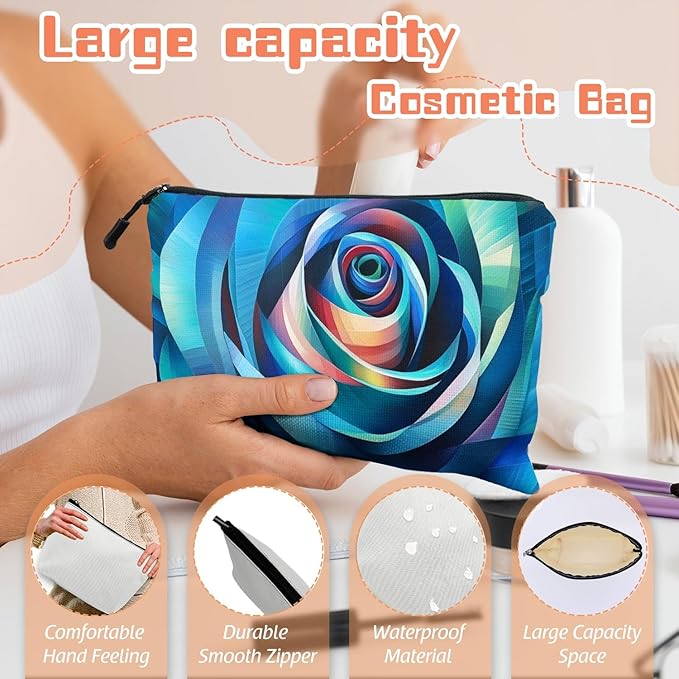 Scribesense Cosmetic Bags Travel Makeup Toilet Case Waterproof Pouch for Women Girls 6.7X9.45inches - Blue - Toned Abstract Rose - Like Spiral