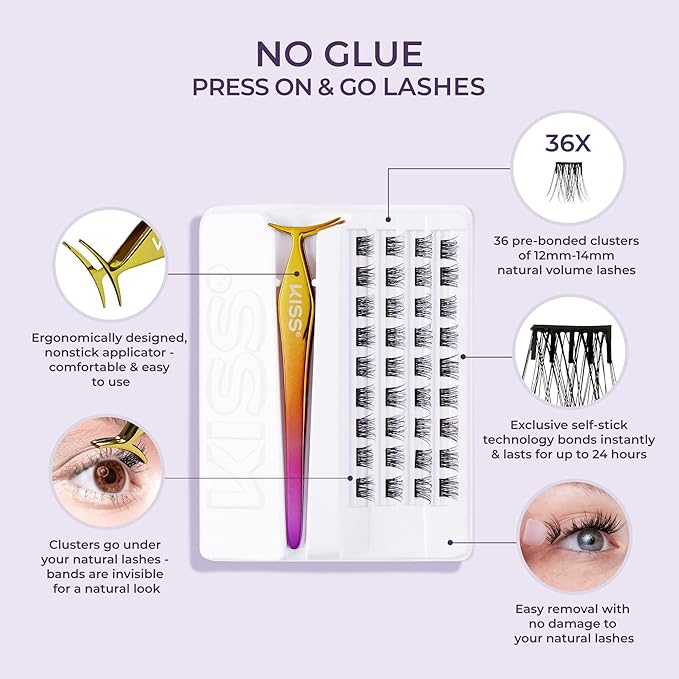 Kiss Impress Falsies Self Adhesive Eyelashes, Press On Lashes, 12mm-14mm Natural Volume Lashes, Black, No Glue Needed, Invisible Band, 36 Lash Clusters & Non-Stick Applicator - Natural