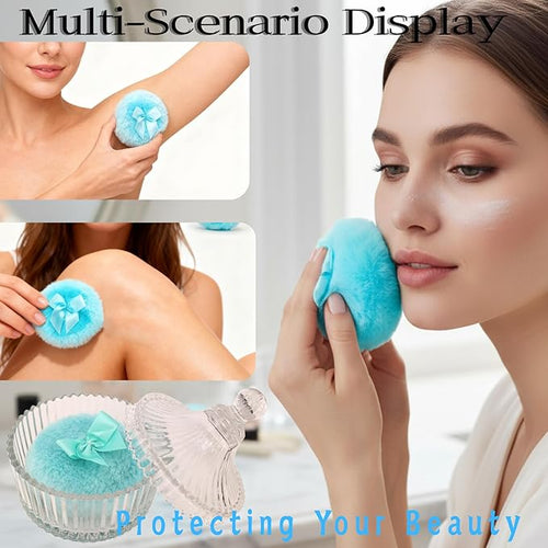 2 Pcs Large Body Powder Puff and Container Powder Container with Puff Powder Puff Crystal Soft Washable Reusable Velour Face Body Glitter Powder Puff Wet Dry Makeup (Blue)