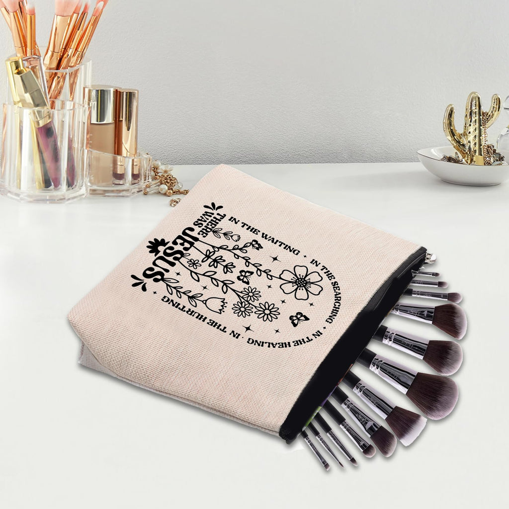 CEASQVAA Boho Floral Christian Makeup Bag, Christian Gifts for Women, Bible Stuff Prayer Supplies, There Was Jesus Cosmetic Bag Pouch
