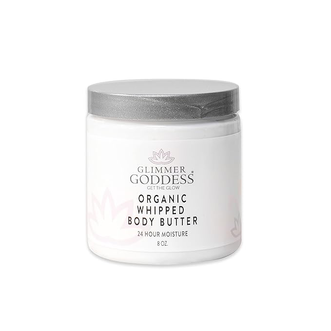 Glimmer Goddess Organic Whipped Body Butter for Women - Moisturizer Cream with Shea & Cocoa Butter, Almonds & Coconut Oil - Coastal Reverie, 8oz