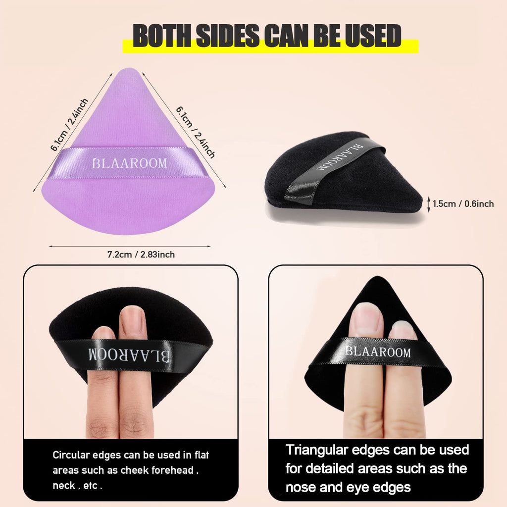 BLAAROOM 12 Pieces Velour Pure Cotton Powder Puff Face Makeup Triangle Powder Puffs for Loose Powder Wet Dry Cosmetic Foundation Beauty Sponge Makeup Tools -Black & Purple