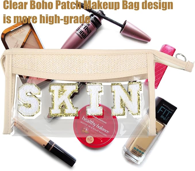 newplenty Clear Boho Patch Makeup Bag, Letter BEACH Cosmetic Bag, Transparent Travel Toiletry Bag, Waterproof Snacks Bag, Zipper Sunscreen Bag Gift for Women Girls (Beach)