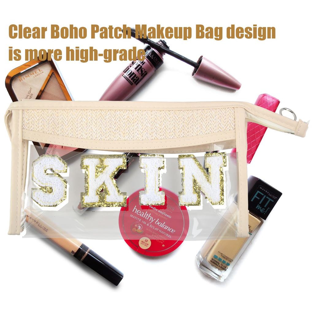 newplenty Clear Boho Patch Makeup Bag, Letter BEACH Cosmetic Bag, Transparent Travel Toiletry Bag, Waterproof Snacks Bag, Zipper Sunscreen Bag Gift for Women Girls (Beach)