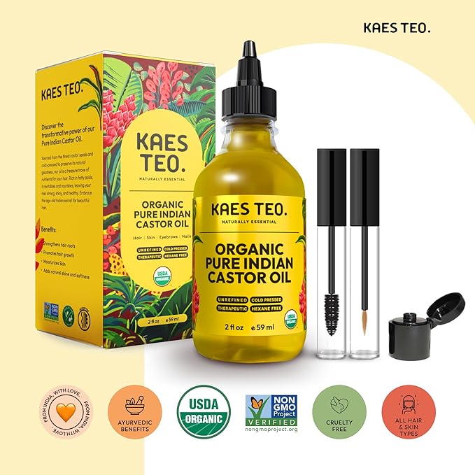 Kaes Teo Organic Castor Oil 100% Pure Cold Pressed 2 Fl Oz Extra Virgin Unrefined Hexane Free - USDA Certified Organic, Golden Castor oil for Face, Skin, Hair, Eyebrows - Boost Hair Growth
