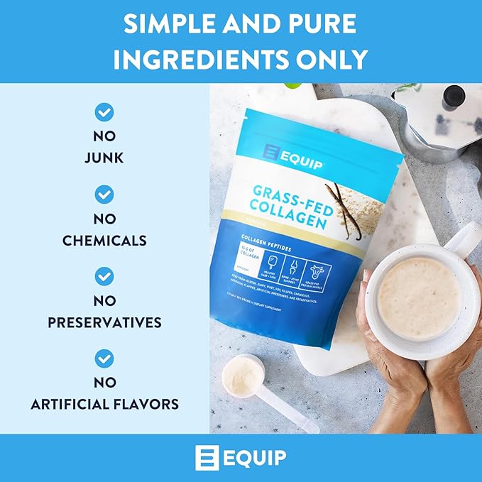 Equip Grass-Fed Hydrolyzed Collagen Powder - Pasture-Raised Bovine Collagen Peptides Powder - 14g Per Scoop - Clean, Daily Supplement for Joints, Gut, Skin, Hair & Nails - Vanilla (30 Scoops)