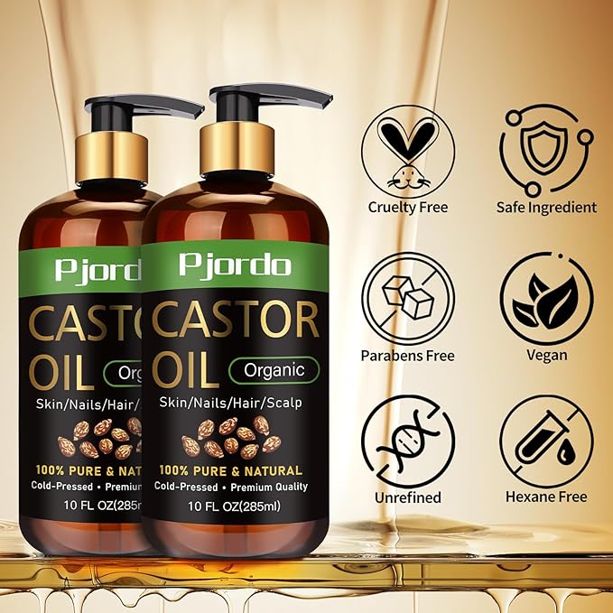 Pjordo 2 Pack 100% Pure & Natural Castor Oil, Cold Pressed Organic Castor Oil for Hair Growth, Eyelashes, Skin, Nails & Scalp, Daily Moisturizing & Nourishing for All Skin Types