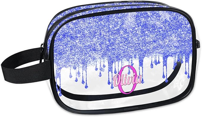 KFNHN Personalized Name Clear Makeup Bag, Custom Women Transparent Cosmetic Travel Toiletry Bag Pouch Organizer for Vacation Weekend, Bright Blue Curtain Glittery