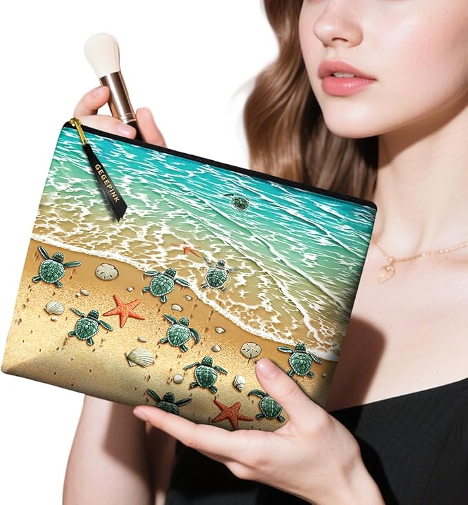 GEGEPINK Cute Makeup Bag for Purse Waterproof Cosmetic Bags for Women Funny Smooth Zipper Travel Toiletry Pouch 10X8 Inches-Seashell on Beach Makeup pouch