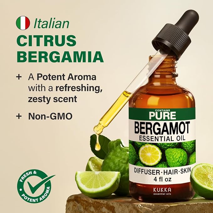100% Pure Bergamot Oil - 4 Fl Oz Bergamot Essential Oil for Hair, Skin, Diffuser, Aromatherapy & DIY Soap Making Scent