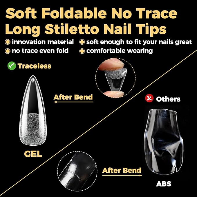 UNA GELLA Long Stiletto Gel Nail Tips 600Pcs Pre Etched Long Stiletto Almond Nail Tips Clear Fake Nails Press on Nails No C Curve for DIY Art Salon at Home 12 Sizes