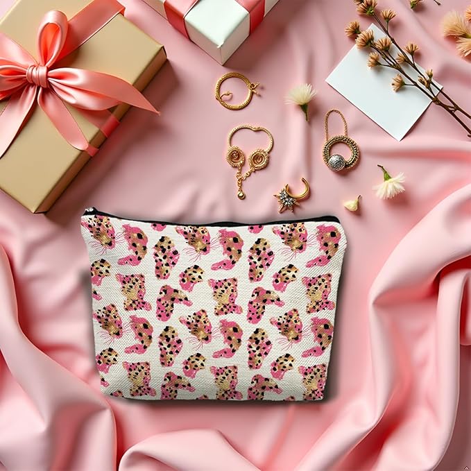 SAFDSGFDB Pink and Gold Cheetah Makeup Bag, Preppy Girly Leopard Print Cosmetic Bags Gifts for Women, Funky Y2k Cheetah Portable Travel Toiletry Bag Zipper Makeup Pouch