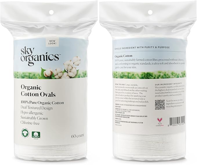 Sky Organics Organic Cotton Dual-Textured Large Pads, Chlorine-Free, 60ct
