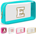 Small Clear Personalized Initial Makeup Bag,Nylon Preppy A-Z Chenille Letter Patch Cosmetic Pouch Beach Toiletry Bag,Waterproof Zipper Travel Purse Storage Bag Organizer for Women Girls(Cyan-White E)