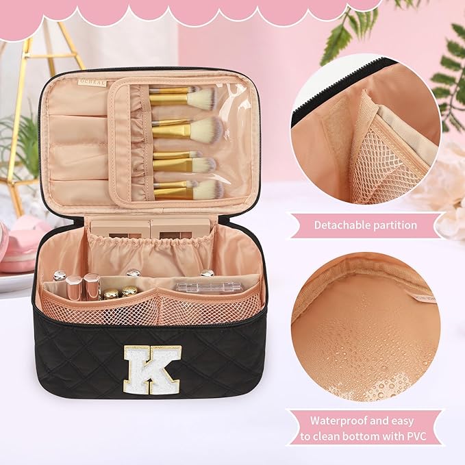 OCHEAL Makeup Bag for Women, Monogram Cosmetic Bag with Brush Holder,Black Travel Makeup Case Beauty Toiletry Bag Organizer Personalized Gifts for Girls Bridesmaid, Sister, Wife, Friends Initial K