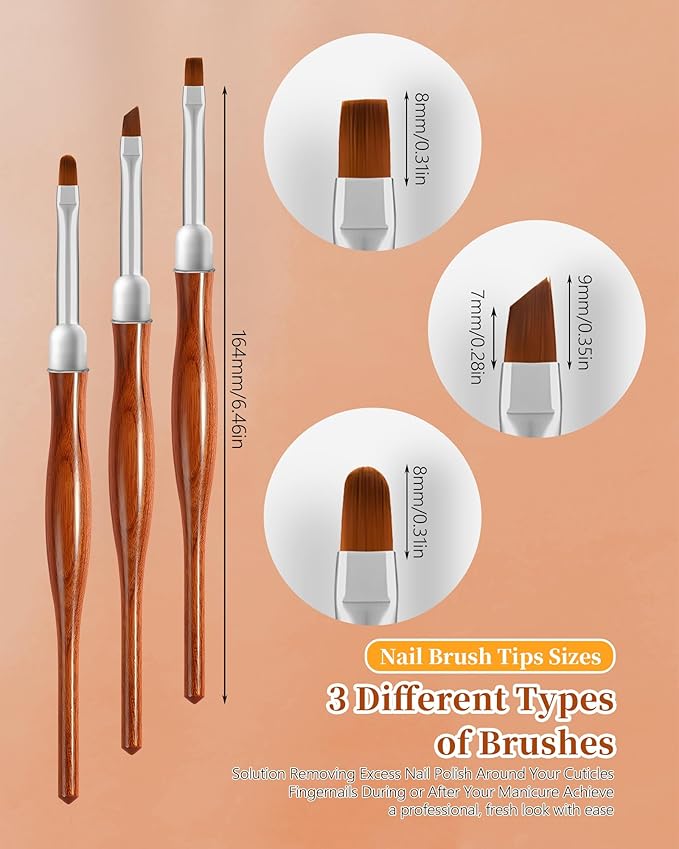 AMilHiTon 3PCS Nail Polish Clean Up Brush, Round/Angled/Flat, Wood Color