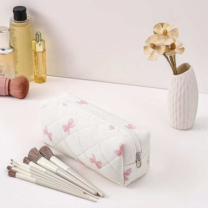 HHQQWZ Cute Floral Cotton Makeup Brush Cosmetic Bag for Women, Travel Quilted Zipper Make Up Bag, Flowers Toiletry Organizer Case Kawaii Makeup Cosmetic Travel Cloth Pouch (Pink Bow Tie+Blue Bow Tie)