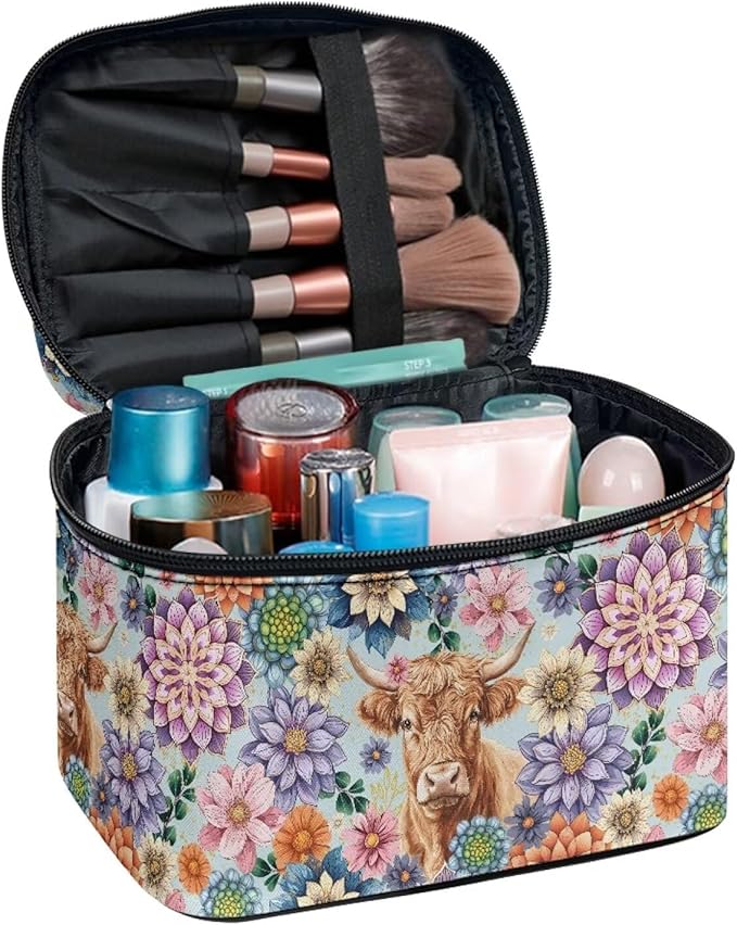 Drydeepin Boho Mandala Highland Cattle Pattern Travel Makeup Bags for Women Portable Tote Cosmetic Case with Carry Handle Toiletry Accessories Storage Organizer Bags