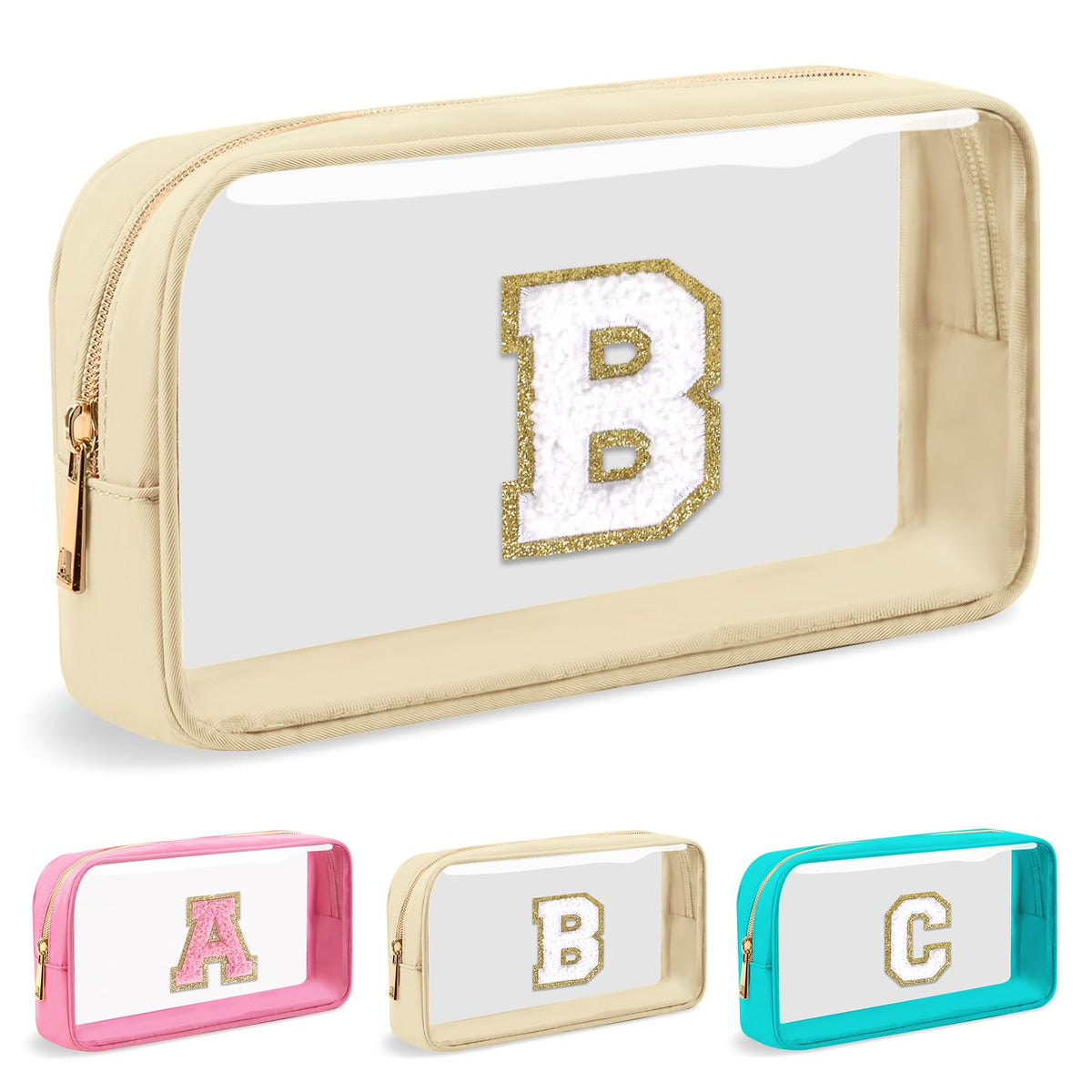 UIXIZQ Personalized Initial Letter Bag Boho Straw Clear Makeup Bag,Small Cute Chenille Varsity Letter Bag With Zipper,Beach Travel Toiletry Bag,Portable Monogrammed Cosmetic Bag for Women Girls,B