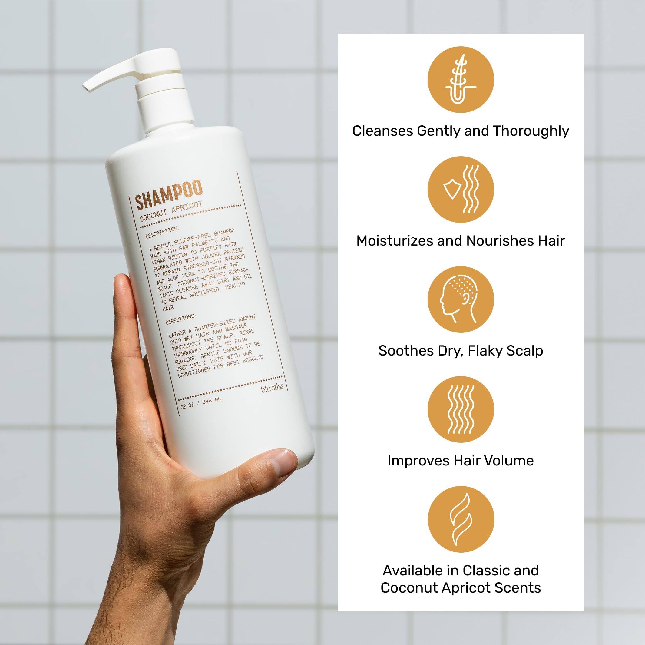 Blu Atlas Natural Shampoo for Men — Sulfate-Free for All Hair Types, 15 Ingredients, No Filler, Helps with Dandruff and Dry Scalp — Coconut Apricot Scent, 32 oz
