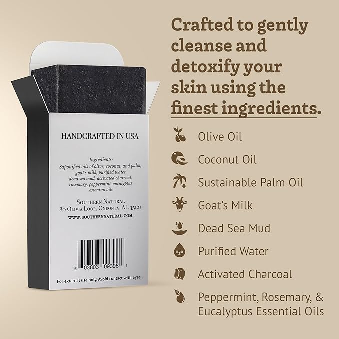 Southern Natural Activated Charcoal Soap Bar For Face & Body, 3 Pack