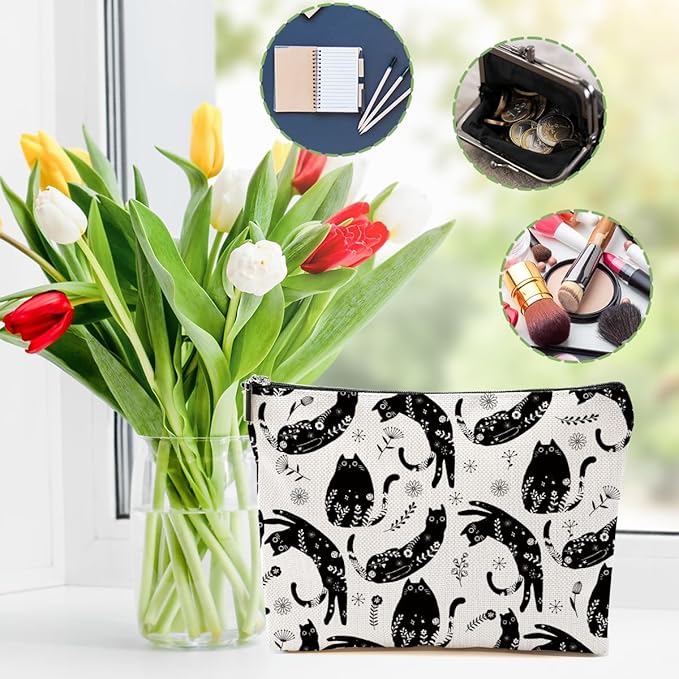 DHKG Botanical Cat Makeup Bag Cat Gifts Cosmetic Bag Cat Lover Gifts for Women Girls Friends Wife Cat Themed Gifts Cat Stuff Travel Organizer Zipper Pouch Graduation Birthday Friendship Gifts