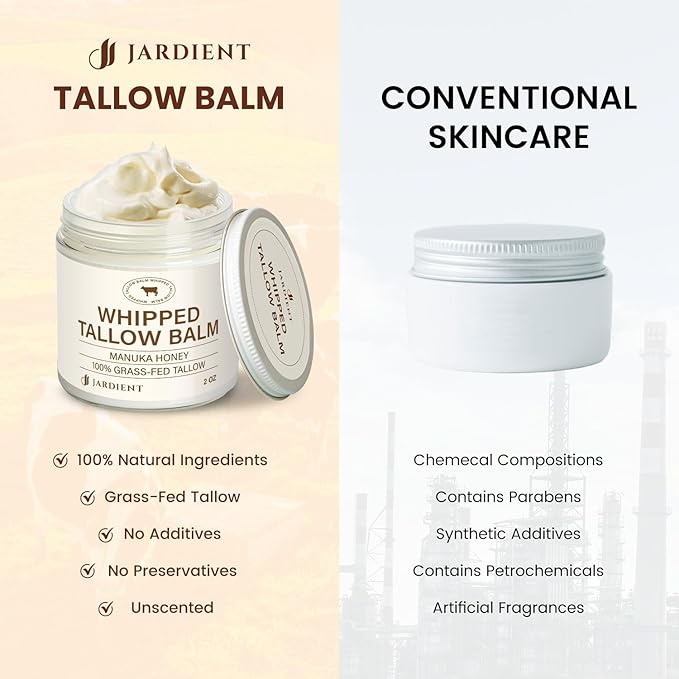 Jardient Beef Tallow Honey Balm for Skin: 100% Grass-Fed Beef Tallow Moisturizer For Face and Body - Organic Moisturizer Cream with Olive Oil Manuka Honey for Eczema and Dry Skin 2OZ
