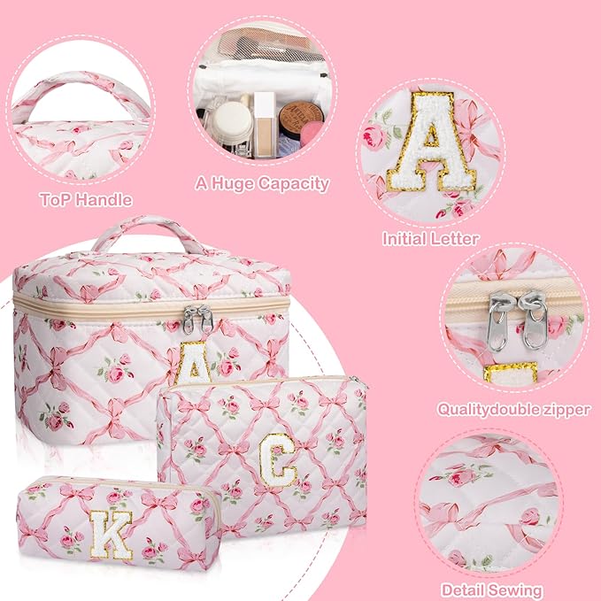 Junesters Personalized Initial Makeup Bag Set, Quilted Makeup Bag, Large Floral Cosmetic Bag for Women, Cute Cotton Custom Make up Bags, Flower Travel Toiletry Bag Teen Girl Gift Trendy Stuff Gift L