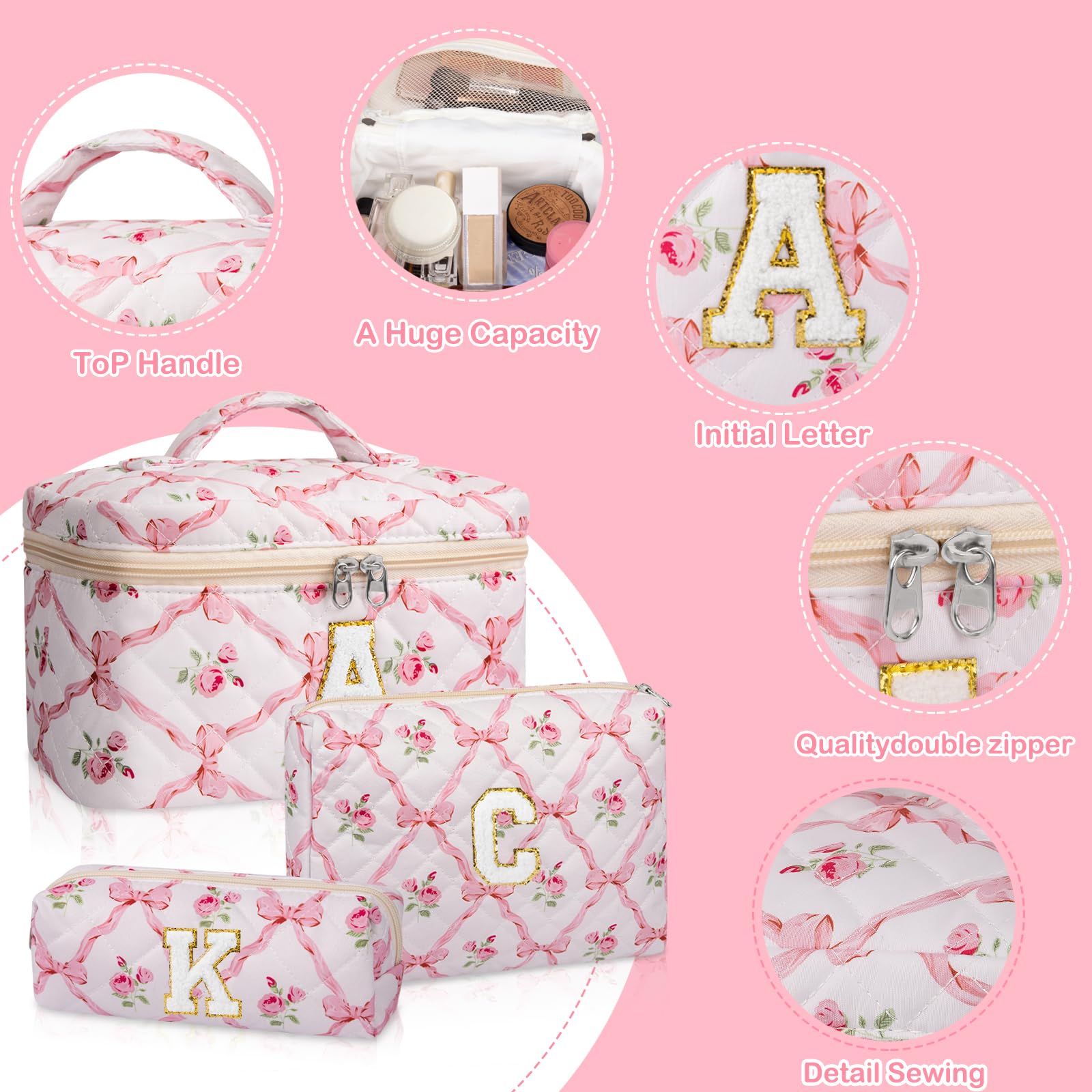 Junesters Personalized Initial Makeup Bag Set, Quilted Makeup Bag, Large Floral Cosmetic Bag for Women, Cute Cotton Custom Make up Bags, Flower Travel Toiletry Bag Teen Girl Gift Trendy Stuff Gift M