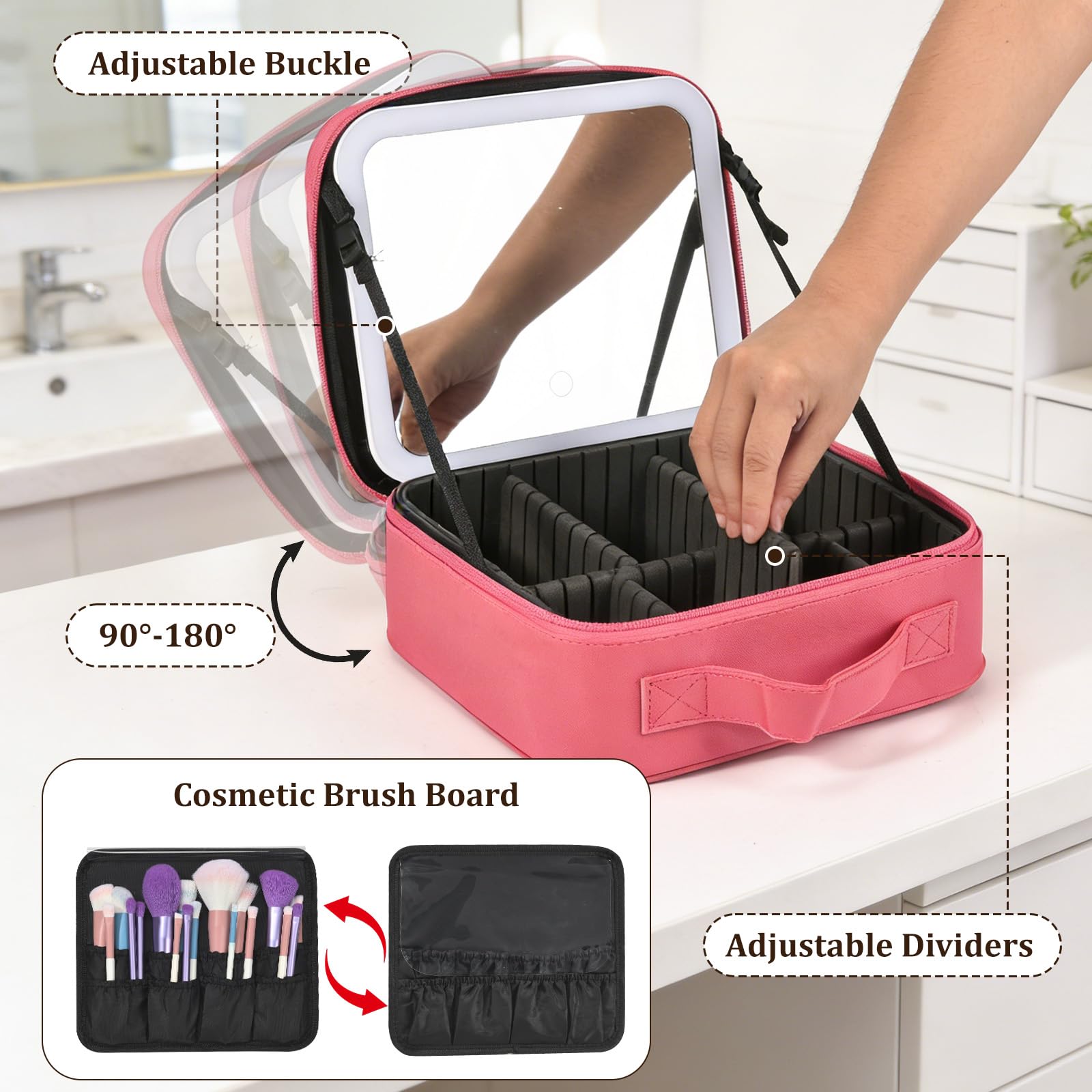 Yaliang Travel Makeup Bag, Portable Makeup Case with LED Mirror, Removable Mirror with 3 Color Modes, 8 Adjustable EVA Dividers for Brushes Toiletry Jewelry Digital Accessories, Barbie Pink
