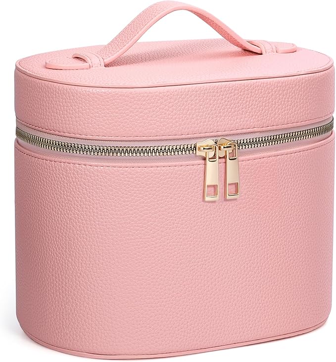 MaqSacion Makeup Bag Vanity Case for Women Leather Cosmetic Bag Makeup Organizer Case Portable Travel Toiletry Bag With Removable Compartments and Handle - Pink