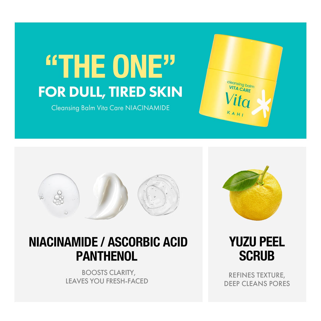 KAHI Cleansing Balm Vita Care Niacinamide - Makeup Remover Balm with Vitamin B, C & Yuzu Peel Scrub - Gentle Exfoliating Korean Skincare 1.69 oz