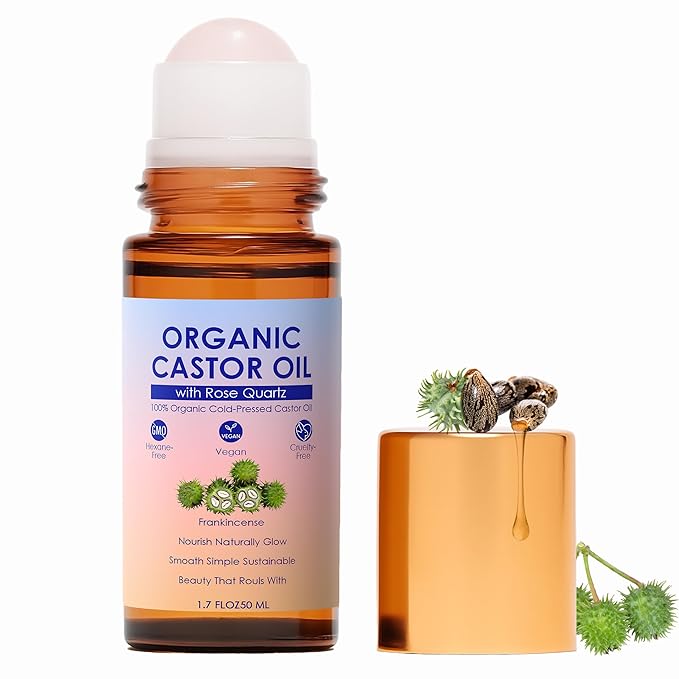 SDXJIOGE Organic Castor Oil Rose Quartz Roller Ball – 100% Cold Pressed Hexane Free Castor Oil Roll On for Facial Skin Care, Fine Lines, Wrinkles & Under Eye Puffiness (1.7 Fl Oz)