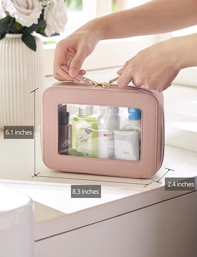 Popvibe Clear Makeup Case Toiletry Bag Travel Clear Cosmetic Bag with Zipper, Small Make Up Bag Traveling, Pink, Medium