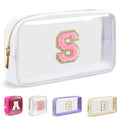 Small Clear Personalized Initial Makeup Bag,Nylon Preppy A-Z Chenille Letter Patch Cosmetic Pouch Beach Toiletry Bag,Waterproof Zipper Travel Purse Storage Bag Organizer for Women Girls(White-Pink S)
