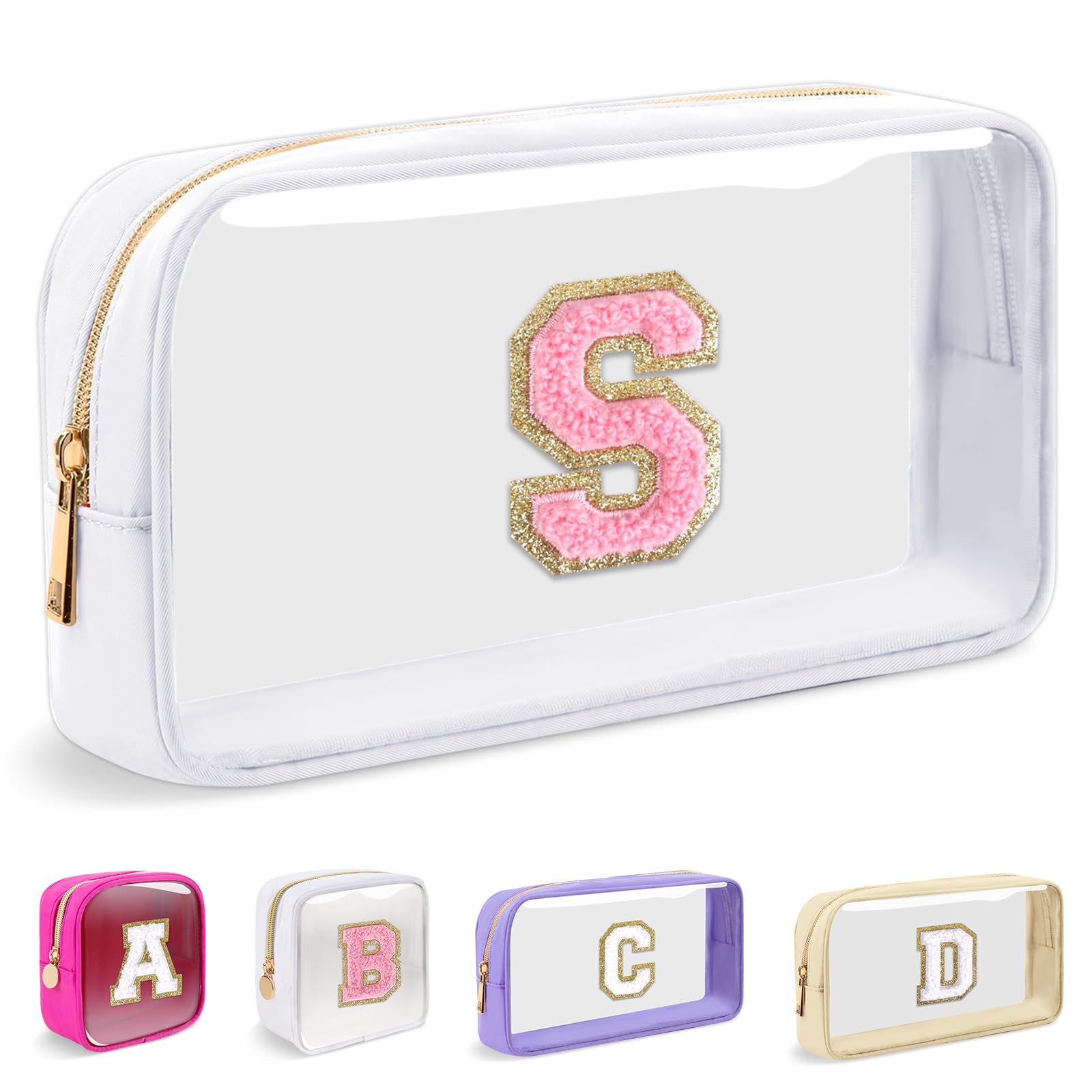 Small Clear Personalized Initial Makeup Bag,Nylon Preppy A-Z Chenille Letter Patch Cosmetic Pouch Beach Toiletry Bag,Waterproof Zipper Travel Purse Storage Bag Organizer for Women Girls(White-Pink S)