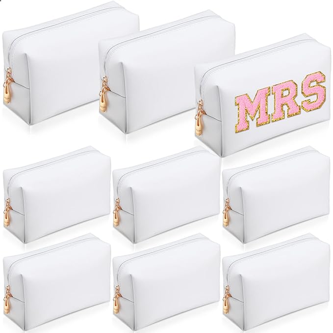 Sanwuta 9 Pcs Makeup Bags Bulk Bridesmaid Proposal Gifts Cosmetic Bags Preppy PU Leather Double Zipper Toiletry Pouch Portable Travel Organizer Case for Women Bachelorette Gift(White)