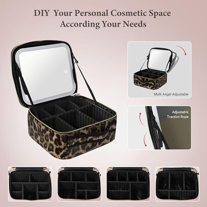 Behaesty Travel Makeup Bag with LED Lighted Mirror, Cosmetic Makeup Organizer Bag with 3 Color Setting, Makeup Train Case with Adjustable Dividers for Women Makeup Brushes Jewelry Accessories