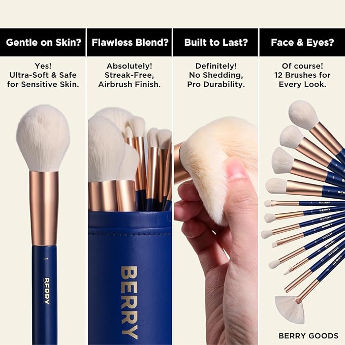 BERRY GOODS Vegan Makeup Brush Set, 12 Brushes with Travel Case, Blue