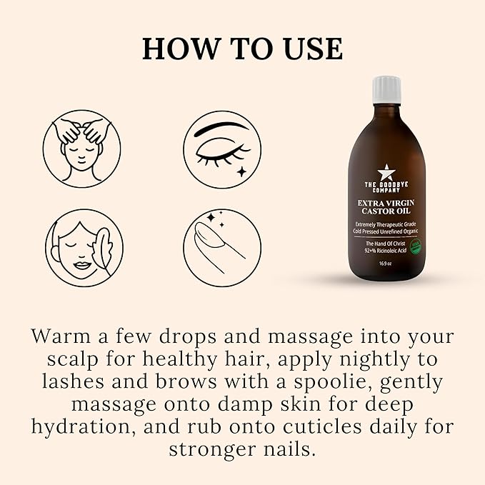 GoodBye Company USDA Organic Cold-Pressed Castor Oil, 16.9 oz Amber Glass Bottle, Hexane-Free, Extra Virgin, Food Grade, for Hair, Skin, Lashes, Brows & Digestive