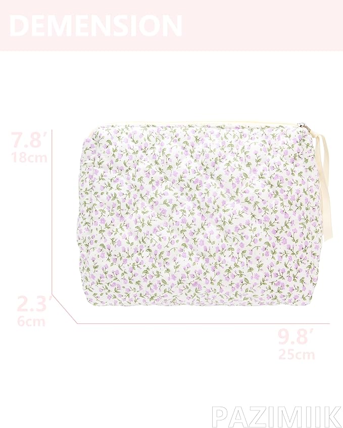 Quilted Makeup Pouch for Women, Travel Cosmetic&Toiletry Bag,Floral Purple