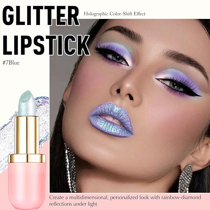 Wugbc Metallic Blue Lipstick Makeup, Holographic Glitter Lip Stick Long Lasting Lightweight Non-Sticky Hydrating Lip Tinted Full Coverage High-Shine Sparkling Shimmer Lipstick for Women