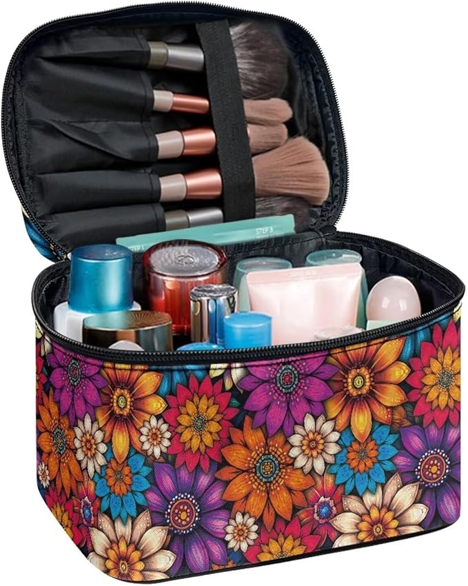 Drydeepin Vibrant Hippie Flower Pattern Travel Makeup Bags for Women Portable Tote Cosmetic Case with Carry Handle Toiletry Accessories Storage Organizer Bags