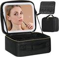 Behaesty Travel Makeup Bag with LED Lighted Mirror, Cosmetic Makeup Organizer Bag with 3 Color Setting, Makeup Train Case with Adjustable Dividers for Women Makeup Brushes Jewelry Accessories (Black)
