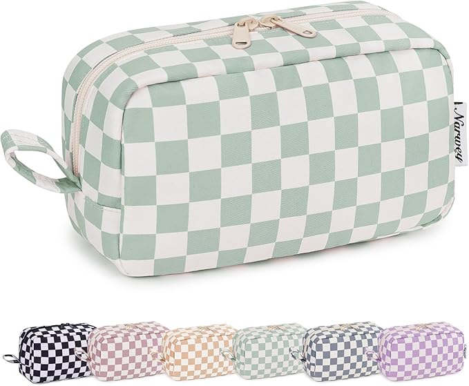 Narwey Checkered Makeup Bag, Travel Cosmetic Bag Organizer, Toiletry Bag Make Up Bags with Comparments for Women and Girls, Gift for Teen Girls (Mint Green Checkerboard, Large)