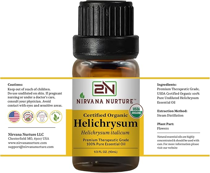 Nirvana Nurture Helichrysum Essential Oil, USDA Certified Organic, 100% Pure Undiluted, Aromatherapy Oil for Diffuser, Hair & Skin Care