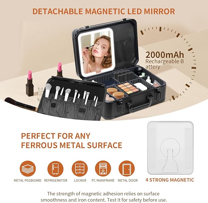 LivelyCove 15"x11" Makeup Case with Lighted Mirror & Brush Holder - Waterproof Travel Organizer, Customizable Storage, Rechargeable LED Vanity for Women (black)